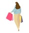 Woman walking with shopping bags, casual clothes, consumerism concept. Happy female shopper enjoying retail therapy