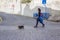 Woman walking a small dog on a leash