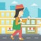 Woman walking with smartphone vector illustration.