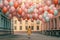 Woman walking on the street full of balloons. Party, romance, fun concept. AI generative, illustration