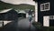 Woman walking on street of the village Gjogv between Faroese houses, Faroe Islands