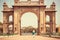 Woman walking to the famous landmark - Historical gates of the royal Palace of Mysore in Karnataka, India.