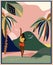 Woman is walking in tropical valley with palms.Mid century modern poster with retro summer background.