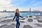 Woman walking in Venice Italy. Traveler or tourist girl exploring the city