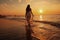 Woman walking on wet sea shore at sunset. AI Generated