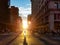 Woman walks across an intersection on 5th Avenue in Manhattan New York City