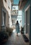 A woman walks along a narrow paved street between buildings on a sunny day, ai artwork