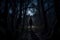 A woman walks through the dark woods at night