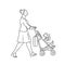 Woman walks down street with baby in stroller. Walk mom child in summer time vector line art black white illustration.