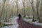 Woman walks on a footpath with the first snow