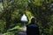 Woman walks in a green tunnel