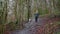 Woman walks Old English Sheepdog puppy down slope