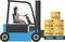 Woman warehouse worker driving forklift loaded with parcel boxes vector icon isolated on white