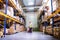 Woman warehouse worker with hand forklift truck.