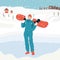 A woman in warm clothes holds a snowboard.Snowboarding. Winter activity. Winter sport