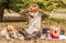 Woman in a warm scarf enjoying a picnic with her dog in park in the autumn