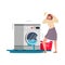 Woman and washer with leakage. Laundry equipment. Plumbing problem. Washing machine is broken. Flat vector illustration