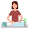 The woman washes the dishes in the sink. An adult girl washes plates and mugs. Daily chores, household. Vector. Housekeeper washed