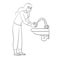 Woman washes her hands in running water, outline drawing, isolated object on a white background, vector illustration,