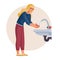 Woman washes her hands under running water, hygiene, vector illustration,