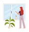 Woman washes window. Female character cleans windows with spray detergent, clean home and housekeep concept. Housework