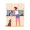 Woman washing dishes with dog in kitchen at home. Happy female cleaning plate at sink with pet. Everyday housework with