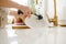 Woman washing dishes in the kitchen. Close up of woman hand. Housewife clean dishes