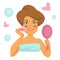 Woman washing face with sponge or pad and mirror