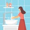 A woman washing her hands in the sink concept vector illustration. Washing hands under faucet with soap and water in bathroom. Vir