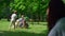 Woman watching family play with dog in park blurred view. Active life concept.