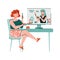Woman watching makeup advices from beauty blogger, flat vector illustration.