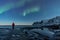 Woman watching the northern lights, Aurora Borealis, Devil Teeth mountains in the background, Tungeneset, Senja, Norway