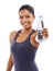 Woman, water and smile in portrait for fitness, studio and liquid for health and wellness. Happy athlete, female person