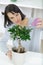 Woman watering bonsai