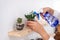 A woman watering cactus tree in the house