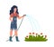 Woman watering flowers in garden. Female character gardener with hose takes care of growing plants. Flat cartoon vector