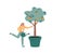 Woman is watering a money tree. Black businesswoman grows plant with coins. Green economy and