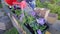 Woman watering pansy flowers on her city balcony garden. Urban gardening concept