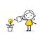 Woman is watering a tree with lightbulb with a watering can. Boy gardener grows plant. Idea for eco future, environment