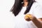 Woman weak hair she shows hairbrush with damaged long loss hair in the comb brush on hand