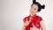 Woman wear cheongsam with hand pointing concept of happy chinese new year