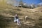 Woman wear gray sweater, enjoy and Playing with a sheep in the farm at Taiwan