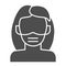 Woman wear respirator mask solid icon. Masked female person glyph style pictogram on white background. Coronavirus