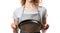 Woman Wearing Apron And Holding Pan On White Background. Generative AI