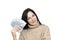 Woman wearing beige sweater holding money