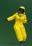 Woman wearing a biohazard suit in action