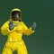 Woman wearing a biohazard suit saying back away