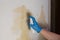 Woman wearing blue gloves wets the old wallpaper on the wall for