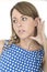 Woman Wearing Blue Polka Dot Dress Eavesdropping Listening to Conversation