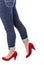 Woman Wearing Capri Blue Jeans and Red Suede Pumps #4